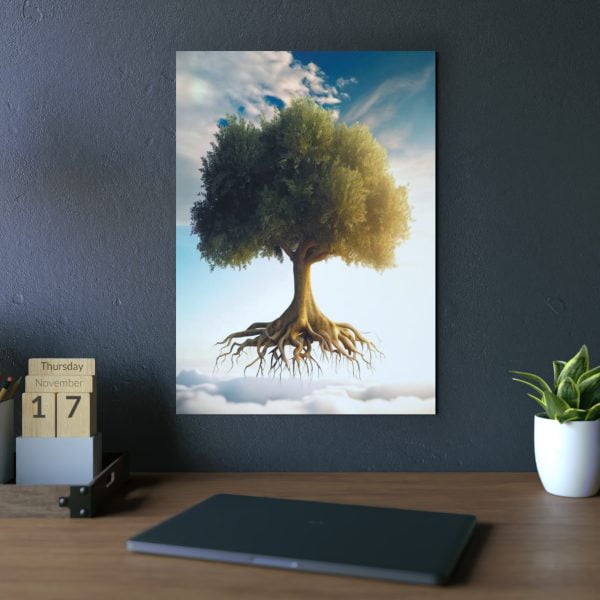 A fantastic metal art print of a floating Olive tree, with green leaves and visible roots on a cloudy sky background, framed and hung on a dark grey wall. A desk calendar, a potted plant and a closed laptop are on the desk below the aluminium art print.