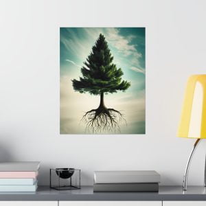 This is an image of a painting hanging on a white wall in a contemporary living room. The painting is of a tree against a blue sky. The tree is a pine tree, with thick leaves and exposed roots. The sky is a gradation of blue and white with fluffy clouds. The painting is in a black frame. The living room has a gray sofa, a yellow lamp, and a pile of books on the coffee table.