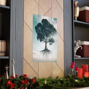 Image of a painting of a Eucalyptus tree and blue sky hanging on a gray wall with wooden panels. The Eucalyptus tree has a thick trunk, green leaves, and roots that are visible and spreading. In the foreground of the painting is a Christmas tree and other holiday decorations. The rooms have a modern and cozy feel with warm lighting.