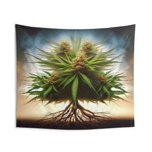 This realistic photo of a cannabis plant in the shape of a tree will make you feel like you are in a green paradise. The plant has a large number of leaves and buds, with vibrant colors and textures. The background is a blue sky with clouds, creating a contrast between earth and heaven. This tapestry will add a touch of tranquility and joy to your home.