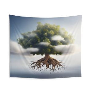 This tapestry shows a realistic photo of a wallnut tree with a large canopy and exposed roots. The tree represents the balance between the physical and spiritual worlds, and the wallnuts symbolize knowledge and prosperity. The tapestry will add a touch of elegance and charm to your home.