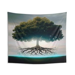 This wall art features an abstract image of an oak tree with dark colors and textures. The tree has black branches and leaves, creating a contrast with the gray background. The wall art has a modern and elegant style that will complement any decor. This wall art will create a captivating and mysterious ambiance in your home