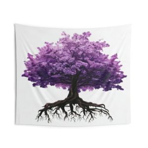 This tapestry features a beautiful image of a cherry tree in full bloom. The tree has pink flowers and green leaves, creating a contrast with the brown trunk and roots. The background is a sky blue color, creating a fresh and cheerful mood. This tapestry will make you feel like you are in spring all year round.