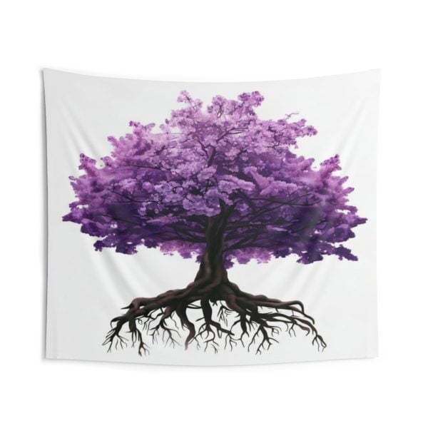 This tapestry features a beautiful image of a cherry tree in full bloom. The tree has pink flowers and green leaves, creating a contrast with the brown trunk and roots. The background is a sky blue color, creating a fresh and cheerful mood. This tapestry will make you feel like you are in spring all year round.