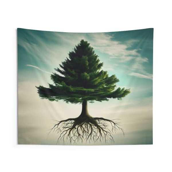 This tapestry features an artistic image of a pine tree with green needles and brown cones. The tree is in the shape of an oval, representing the harmony between heaven and earth. The background is a gradient of yellow and orange, creating a warm and cozy atmosphere. This tapestry will add a touch of rustic charm to your home