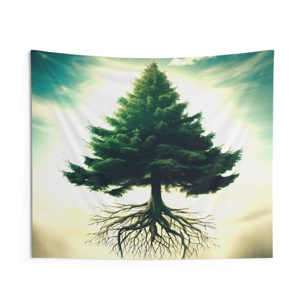 It is a digital art image of a tree that appears to float in the air. The tree is coniferous, with a thick trunk and wide treetops. The roots of the tree are bare, spreading in all directions. The background is a blue sky and white clouds. The images have a surreal and dreamy atmosphere, the colors are mainly green and blue, with a little brown and white.