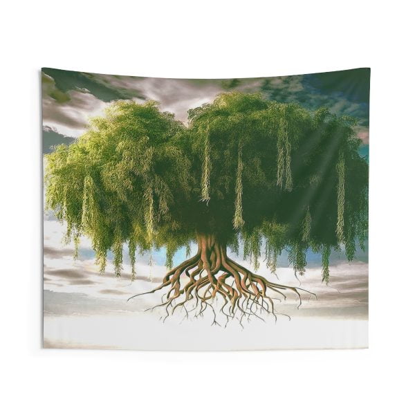 This wall art features a digital art image of a black willow tree with long, hanging branches. The tree is in the shape of a circle, representing the cycle of life. The background is a gradient of blue and purple, creating a magical atmosphere. This wall art will add a touch of mystery and beauty to your home.