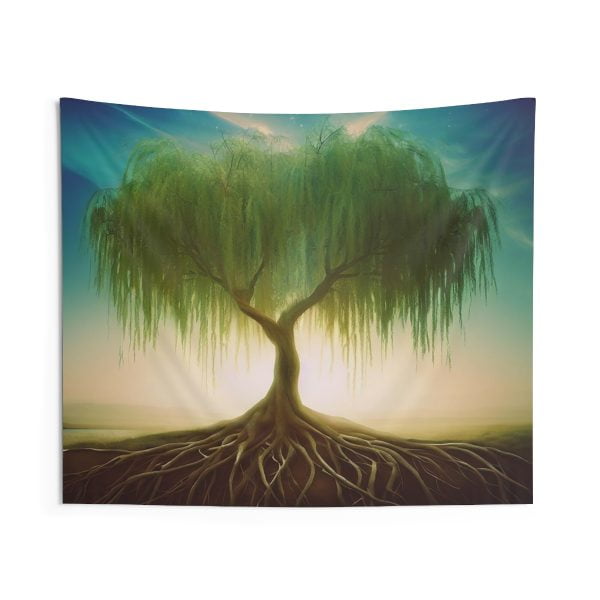 This digital art piece depicts a majestic willow tree with long, graceful branches and lush green leaves. The tree symbolizes growth, renewal, and resilience. The background features a stunning sunrise or sunset, creating a contrast between light and dark. This tapestry will add a touch of beauty and harmony to any room.