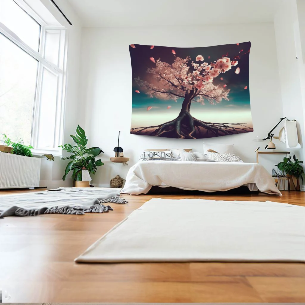 A photo realistic image of a bedroom with a large tapestry hanging on the wall above the bed. The tapestry is a black square with a pink tree in the center. The tree has a thick trunk and gnarled roots. The leaves are pink and the background is black. The bed is white with a gray blanket and white pillows. There is a white nightstand next to the bed with a black lamp and a plant. The floor is hardwood and there is a white rug in front of the bed. There are two windows in the background with white curtains. There is a plant on the windowsill.