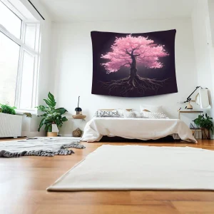 A photo realistic image of a bedroom with a large tapestry hanging on the wall above the bed. The tapestry is a black square with a pink tree in the center. The tree has a thick trunk and gnarled roots. The leaves are pink and the background is black. The bed is white with a gray blanket and white pillows. There is a white nightstand next to the bed with a black lamp and a plant. The floor is hardwood and there is a white rug in front of the bed. There are two windows in the background with white curtains. There is a plant on the windowsill.