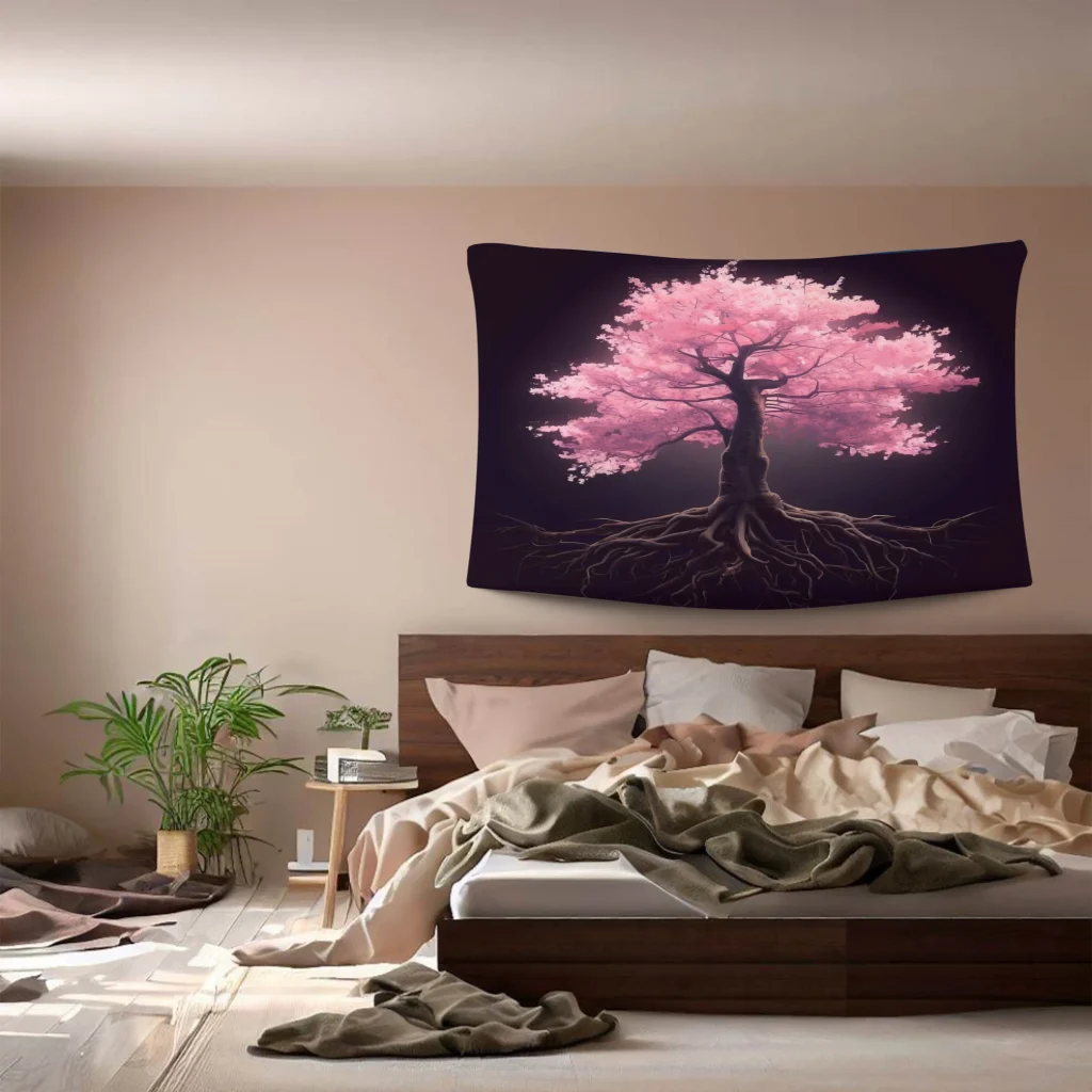 A photo realistic image of a bedroom with a large tapestry hanging on the wall above the bed. The tapestry is black with a pink tree in the center. The tree has a twisted trunk and roots that spread out at the bottom. The bed is a wooden platform bed with a white comforter and beige pillows. There is a nightstand on the left side of the bed with a lamp and a plant on it. The walls are a light beige color and the floor is hardwood. There are clothes scattered on the floor in front of the bed.