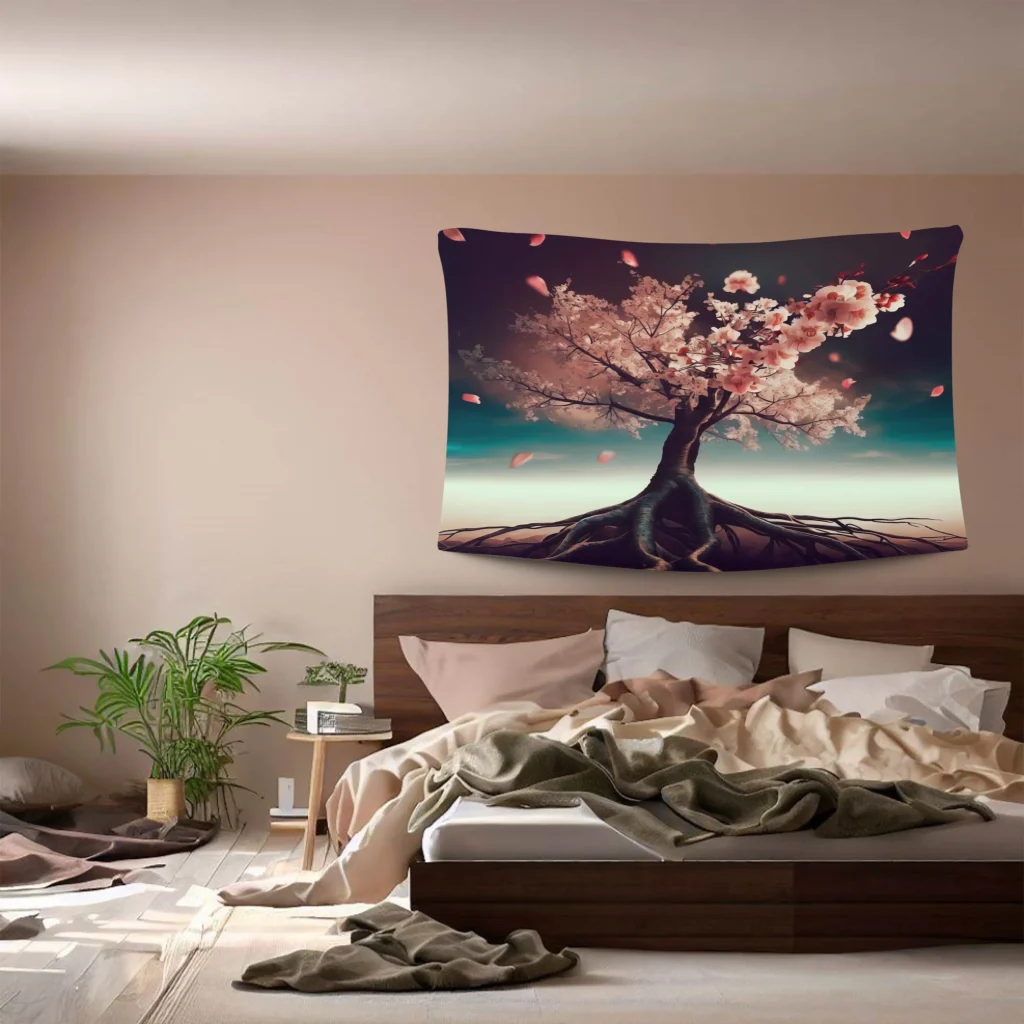 A photo realistic image of a bedroom with a large tapestry hanging on the wall above the bed. The tapestry is black with a pink tree in the center. The tree has a twisted trunk and roots that spread out at the bottom. The bed is a wooden platform bed with a white comforter and beige pillows. There is a nightstand on the left side of the bed with a lamp and a plant on it. The walls are a light beige color and the floor is hardwood. There are clothes scattered on the floor in front of the bed.