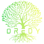 A green logo of DredyArt, a psychedelic and visionary artist, featuring a tree with leaves and roots and the word “DREDY” below it.