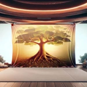 A large orange tapestry with a green Fig tree in the center hangs on a wall in a meditation room with wooden floor and plants.