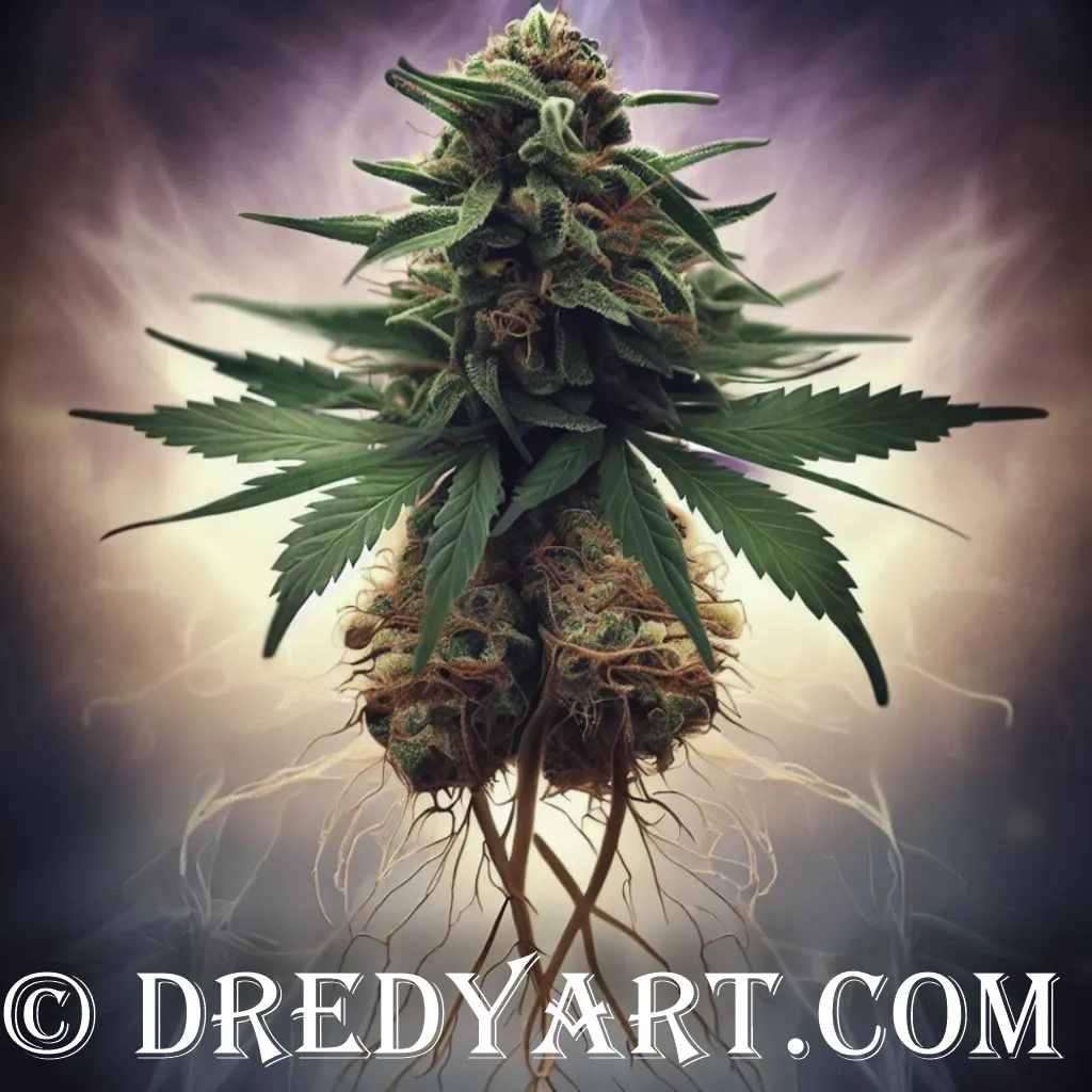 A digital art image of a cannabis plant with a tree-like root system. The plant is green with large leaves and white flowers. The root system is brown and resembles a tree trunk and roots. The background is a gradient of beige and light brown. The image has a watermark that reads “© DREDYART.COM”.