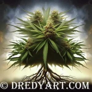 A digital art image of a cannabis plant with a tree-like root system. The plant is green with large leaves and white flowers. The root system is brown and resembles a tree trunk and roots. The background is a gradient of beige and light brown. The image has a watermark that reads “© DREDYART.COM”.