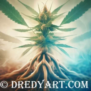 A digital art image of a cannabis plant with a tree-like root system. The plant is green with large leaves and white flowers. The root system is brown and resembles a tree trunk and roots. The background is a gradient of beige and light brown. The image has a watermark that reads “© DREDYART.COM”.