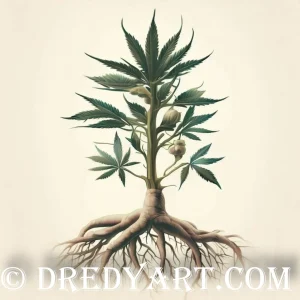 A digital art image of a cannabis plant with a tree-like root system. The plant is green with large leaves and white flowers. The root system is brown and resembles a tree trunk and roots. The background is a gradient of beige and light brown. The image has a watermark that reads “© DREDYART.COM”.