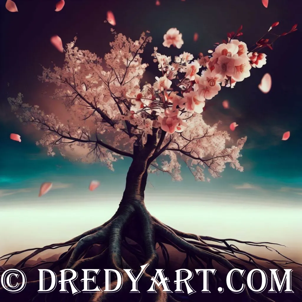 A digital art image of a tree with pink flowers on a black background. The tree has a twisted trunk and gnarled roots. The flowers are pink and white and are falling off the tree. The background is black with a blue-green gradient at the horizon. The image is watermarked with “© DREDYART.COM”.