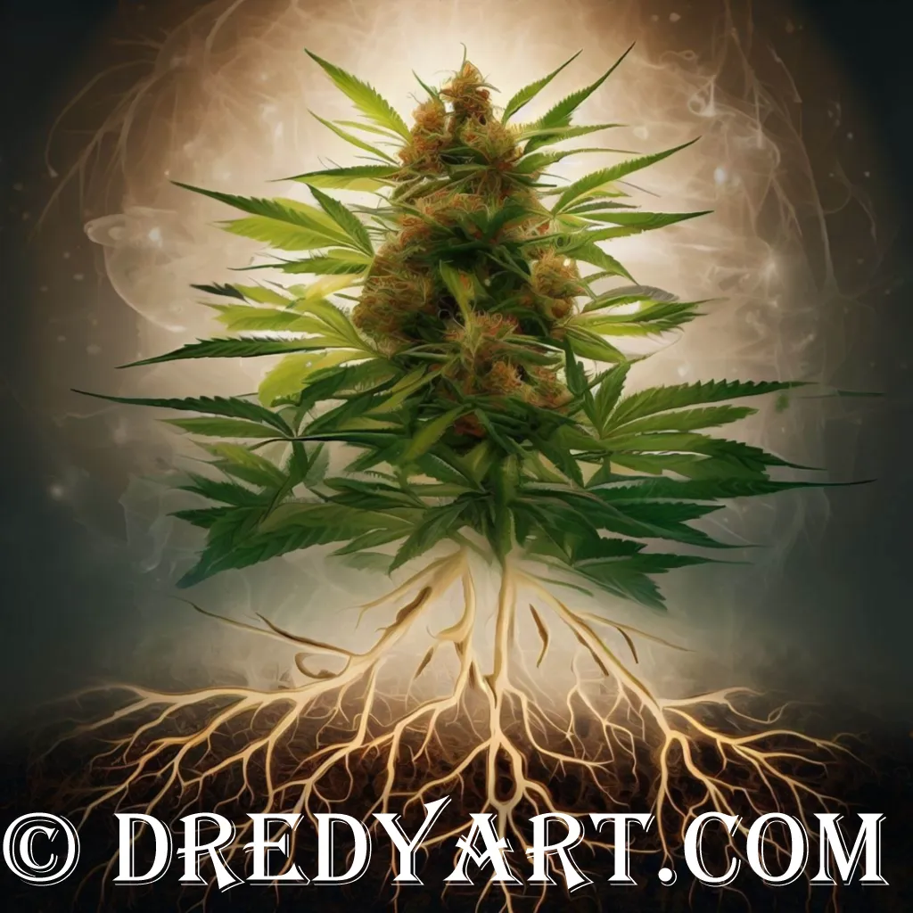 A digital art image of a cannabis plant with a tree-like root system. The plant is green with large leaves and white flowers. The root system is brown and resembles a tree trunk and roots. The background is a gradient of beige and light brown. The image has a watermark that reads “© DREDYART.COM”.