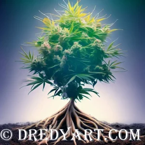 A digital art image of a cannabis plant with a tree-like root system. The plant is green with large leaves and white flowers. The root system is brown and resembles a tree trunk and roots. The background is a gradient of beige and light brown. The image has a watermark that reads “© DREDYART.COM”.