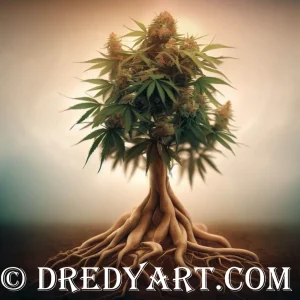 A digital art image of a cannabis plant with a tree-like root system. The plant is green with large leaves and white flowers. The root system is brown and resembles a tree trunk and roots. The background is a gradient of beige and light brown. The image has a watermark that reads “© DREDYART.COM”.