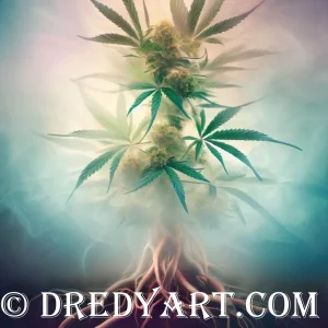 A digital art image of a cannabis plant with a tree-like root system. The plant is green with large leaves and white flowers. The root system is brown and resembles a tree trunk and roots. The background is a gradient of beige and light brown. The image has a watermark that reads “© DREDYART.COM”.