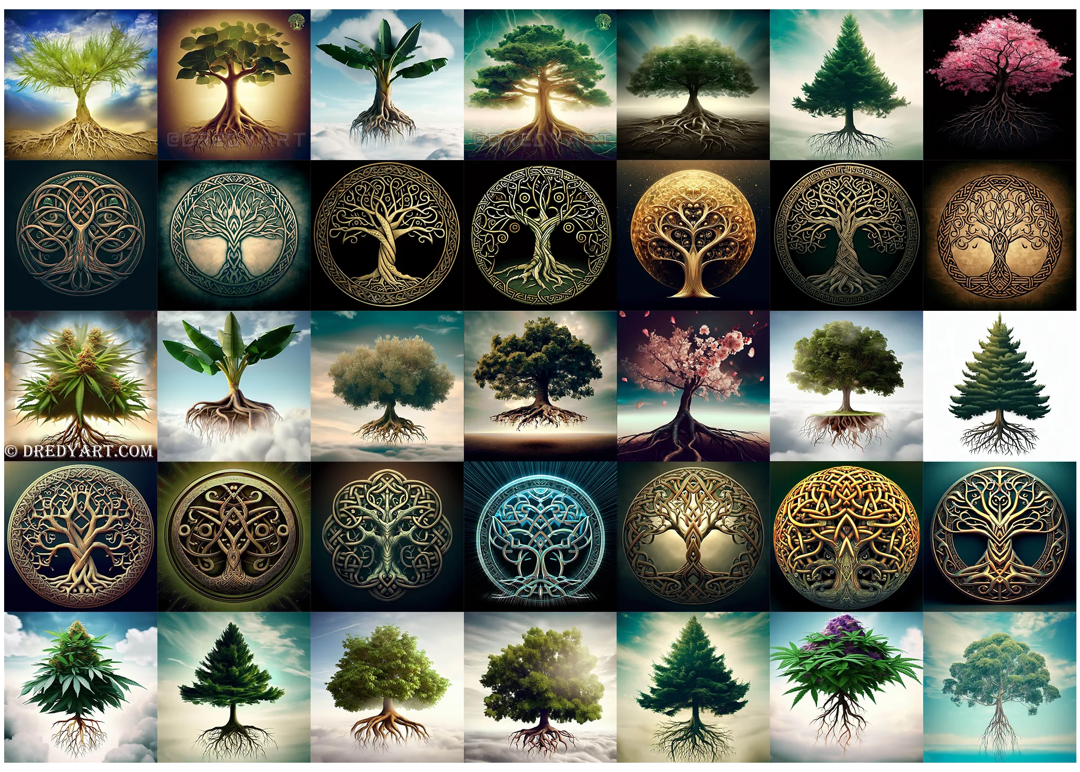 A collage of multiple images of trees and plants in different styles and colors. The images are arranged in a grid with 8 rows and 6 columns. The images are of different styles, including realistic, abstract, and surreal. The images are of different colors, including green, blue, pink, and brown. The images are of different types of trees and plants, including palm trees, bonsai trees, and pine trees. Some images have a frame or a background. Some images have text or symbols on them.